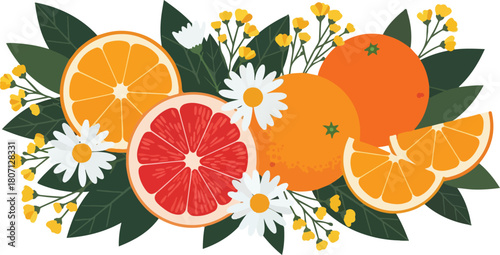 Vibrant Citrus Fruits and Delicate Flowers Arrangement.