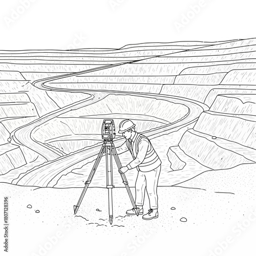 A surveyor uses a theodolite on a tripod to measure a large open-pit mine.