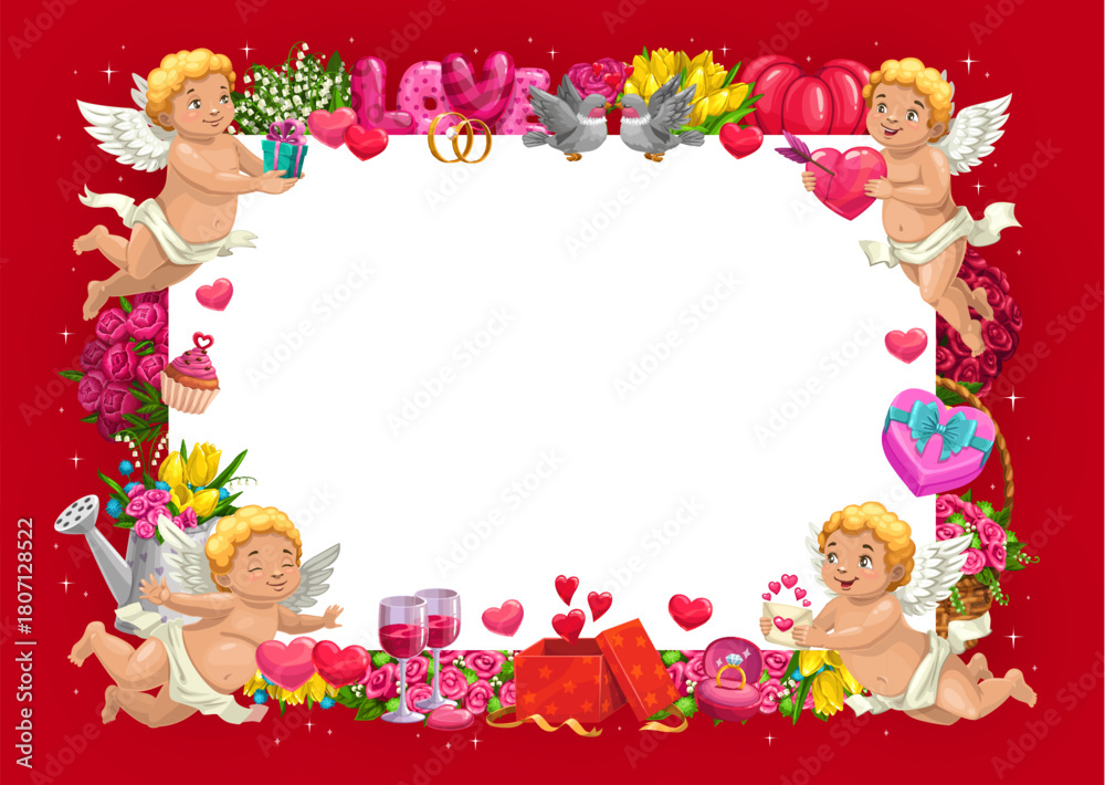 Naklejka premium Valentine day holiday frame with cherub cupid angels and gifts, vector greeting card. Valentine day, wedding or marriage frame with golden rings and flowers, heart balloons and cheerful cupids