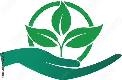 Eco hand holding leaf emblem vector design.