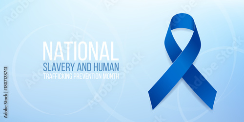 National slavery and human trafficking prevention month concept. Banner with blue ribbon awareness and text. Vector illustration.