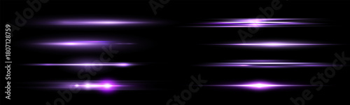 Purple horizontal lens flares set. Sun flash with rays or spotlight and bokeh. Glow flare light effect. Isolated on black background.Vector illustration.