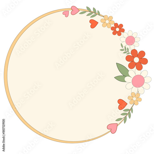 Round frame in retro style with pink flowers