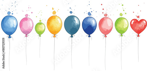 Watercolor Balloons Floating with Confetti and Splashes.