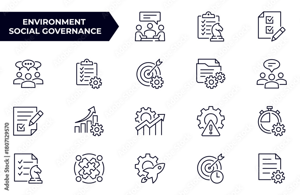 Fototapeta premium Project management outline icon set. Collection of collaboration, workflow, strategy, deadlines and more. Vector illustration. Editable stroke.