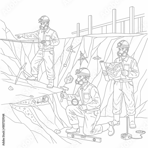 Illustration of three miners working in a mine.