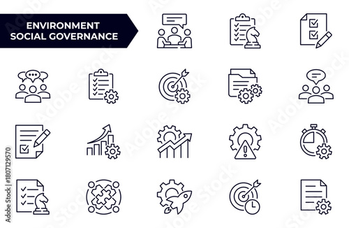 Project management outline icon set. Collection of collaboration, workflow, strategy, deadlines and more. Vector illustration. Editable stroke.