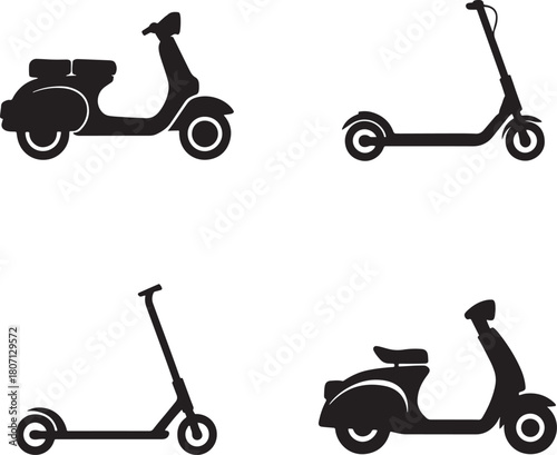 Scooter and kick scooter black icon set