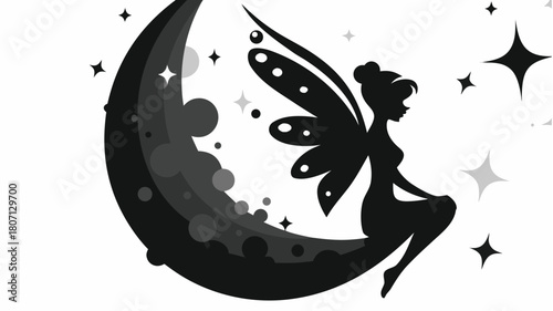 Whimsical fairy resting on crescent moon surrounded by stars, dreamlike fantasy illustration for children's books or magical themed designs, enchanting