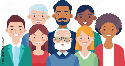 nternational coworkers group portrait, young and senior adults, flat vector.