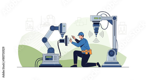Engineering precision: Technician maintaining automated machinery in advanced factory setting