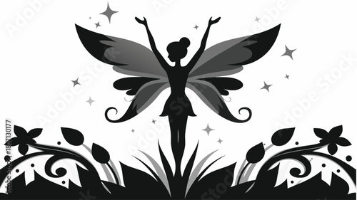Whimsical fairy silhouette with delicate wings reaching for the stars, a magical fantasy emblem perfect for enchanting designs and storytelling projects