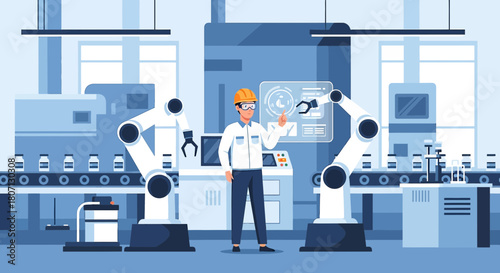Factory automation with robotic arms and engineer ensuring smooth operation and quality control