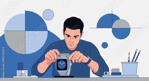 Focused craftsman carefully repairing a modern smart watch in a detailed studio setup