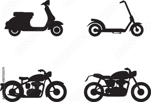 Scooter kick scooter motorcycle black silhouette icons collection