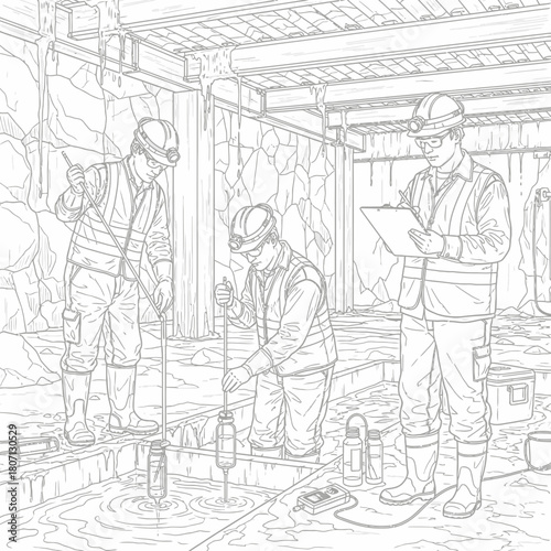 A team of industrial workers in safety gear collecting water samples for testing in an underground tunnel.