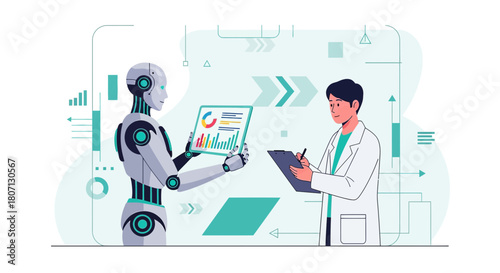 Future insights collaboration: human scientist and AI robot analyzing data for innovative research