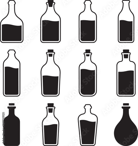 glass bottle icons with liquid and cork stoppers diverse collection