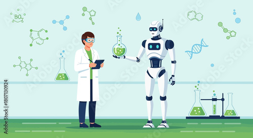 Future partnership a scientist and robot working together in a science lab environment