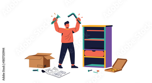 Cartoon illustration of a man happily assembling flat-pack furniture, following instructions with tools in a DIY home improvement project.