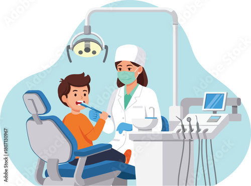 Young boy receiving dental care from a professional dentist in clinic.