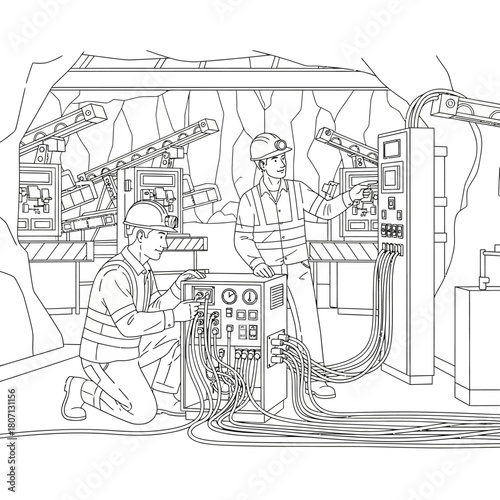 Two miners in hard hats and safety vests operating control panels and machinery in an underground mine.