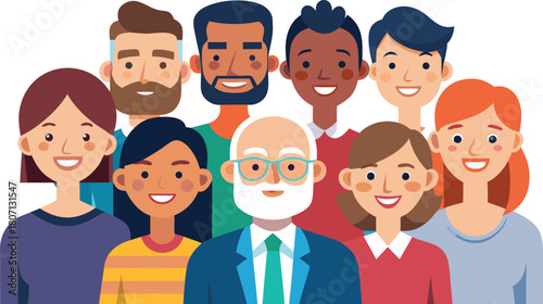 Multinational team of men and women smiling, various ages, flat vector illustration.