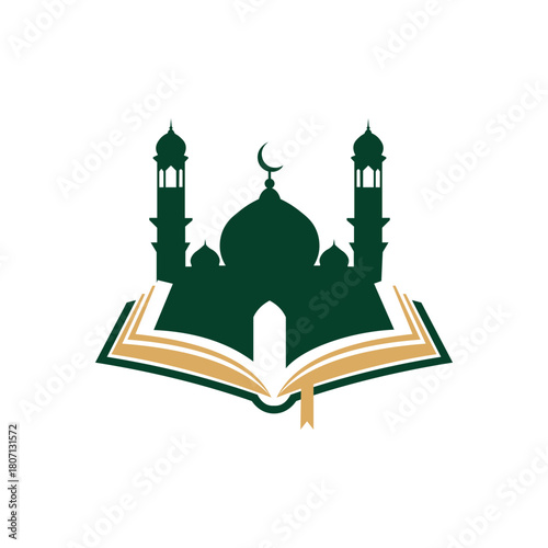 Mosque Minarets and Dome with Crescent Moon on an Open Sacred Book