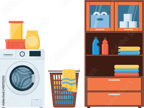 Modern Laundry Room Setup with Washing Machine and Storage Cabinet.