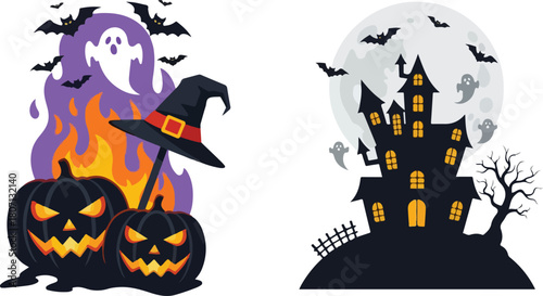 Spooky Halloween scene with pumpkins ghost bats and haunted house under the moon.