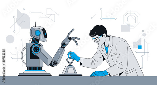 Futuristic collaboration: Scientist and robot working together in the laboratory with circuit