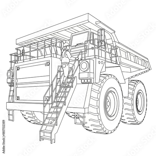 Line drawing of a large mining dump truck with a worker climbing stairs.