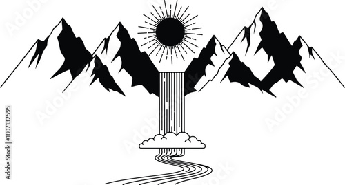 Mystical Mountain Waterfall Sun Symbolism.