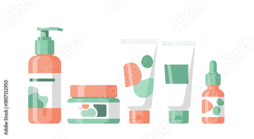 Set of cosmetic packaging templates in pastel colors, including bottles, tubes, and jars for beauty and skincare product mockups.