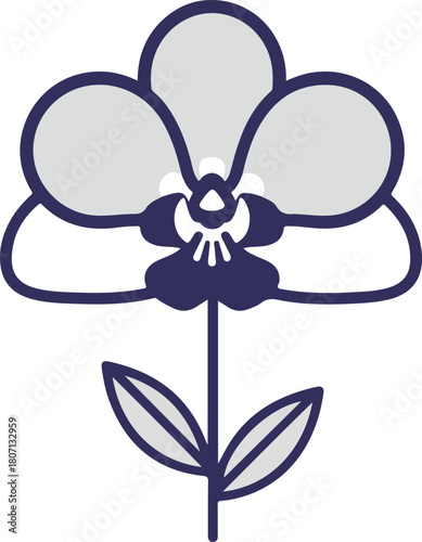 Stylized Illustration of a Single Purple and Gray Pansy Flower.