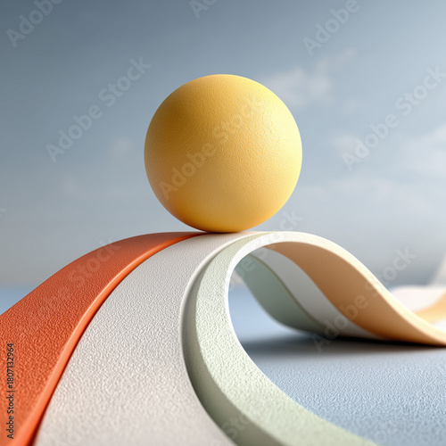 yellow ball atop smooth gray curve, soft shadows and highlights, clean minimalist design, contemporary aesthetic, suitable for website banners, app UI, and modern presentations