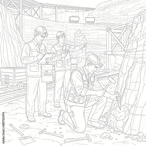 Three men, possibly geologists or miners, examining rock formations and taking notes inside a mine with carts and tracks.