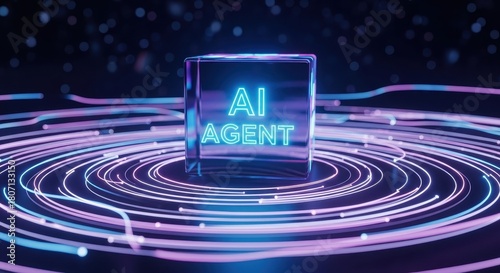 A glowing AI agent cube hovers over a vibrant neon light vortex, representing advanced artificial intelligence and futuristic technology