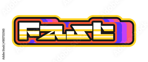 Fast car race retro Y2K sticker or symbol. Car grand prix funky vector sticker, speed racing retro patch. Auto motorsport championship tag or Y2K label with graphic vibrant colors typography