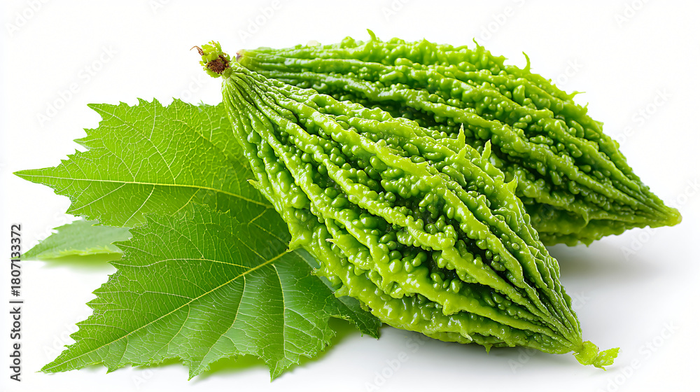 Fototapeta premium Whole Fresh Bitter Melon Placed with Green Leaf, Single Bitter Gourd Displayed Beside Leaf Greens