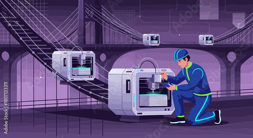 Futuristic construction scene with 3D printing technology and bridge infrastructure depicted