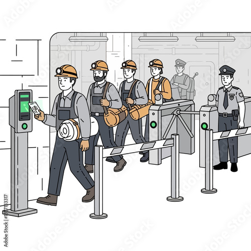 Illustration of miners in uniform with hard hats passing through a security turnstile checkpoint using access cards.