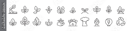 eco sustainability and green energy icon, Eco and sustainability line icon set – editable outline symbols of leaf, plant, recycle, energy, environment and growth