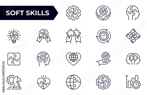 Soft skills line icon set, such as leadership, teamwork, problem solving, empathy and more. Editable stroke.