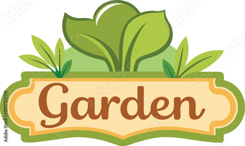 Realistic plant label tag icon, handwritten garden name.