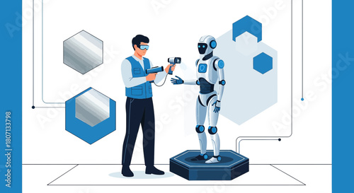Futuristic engineering: Engineer uses advanced scanner on humanoid robot in a blue tone laboratory