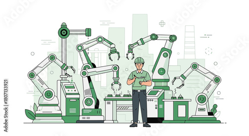 Futuristic factory illustration showcasing worker inspecting automated industrial machinery