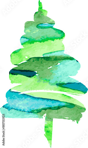 Watercolor Green Abstract Christmas Tree for Greeting Christmas Card
