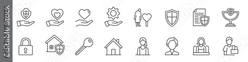 Home security and real estate line icon set – editable outline symbols of shield, heart, key, house, document and agent