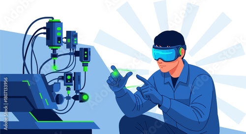 Futuristic factory concept with worker using augmented reality interface for engineering automation
